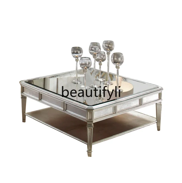 American light luxury coffee table high-end glass square coffee table household living room solid wood French combination