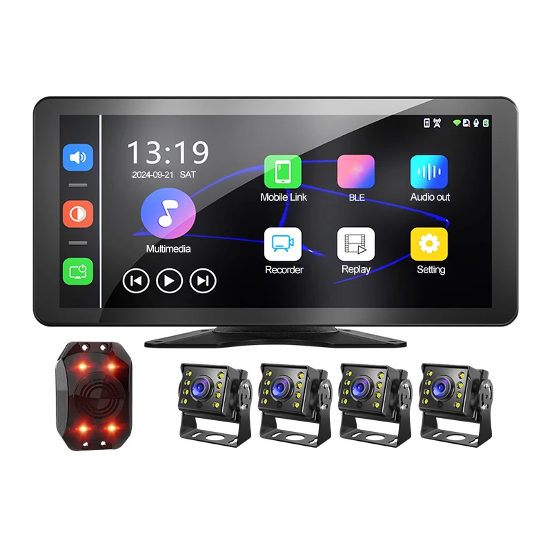 10.36 Inch BSD Blind Spot Alarm Touchscreen Wireless Carplay Android Auto DVR MP5 Car Trailer Backup Camera