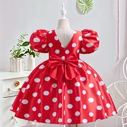 Fashion Girl Polka Dot Princess Dress Tulle Puff Sleeve Wedding Party Kids Dresses for Girls V-Back Bow Birthday Pageant Gown