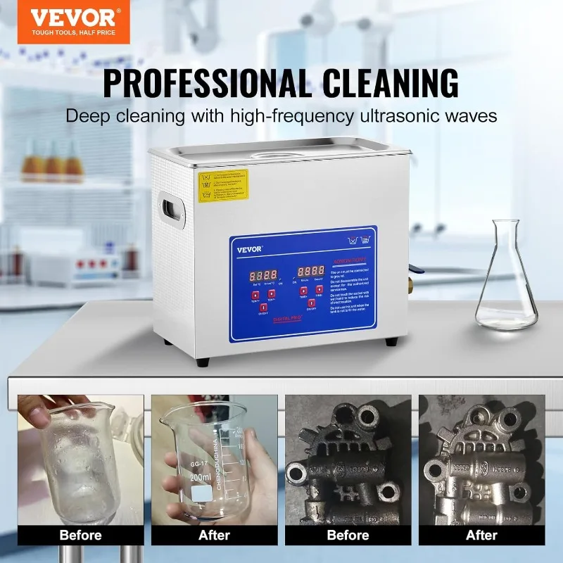 VEVOR Ultrasonic Cleaner with Digital Timer & Heater, Professional Jewelry Cleaner, Stainless Steel Heated Cleaning Machine (6L)
