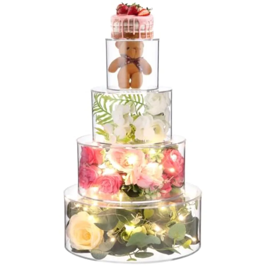 

4 PCS Acrylic Cake Stand with LED Lights 4/6/8/10 Inch Clear Cake Stand Fillable Cake Riser Round 4 Tier Case Box for Birthday