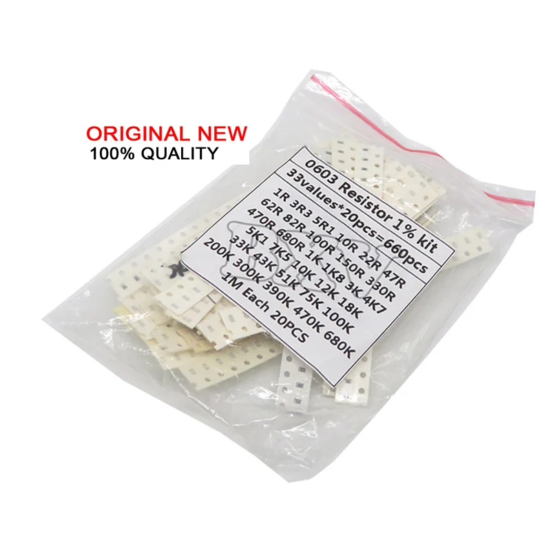 33ValuesX 20PCS=660PCS SMD 0603 Resistor Kit Assorted Kit 1Ohm-1M Ohm 1%  Sample Kit NEW 