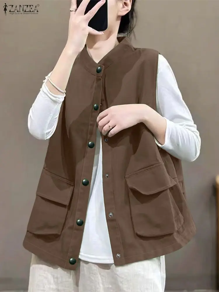 

ZANZEA 2025 Oversized Vests for Women Casual Solid Color O-Neck Button Up Front-Pockets Sleeveless Outerwear Autumn Fashion 3XL