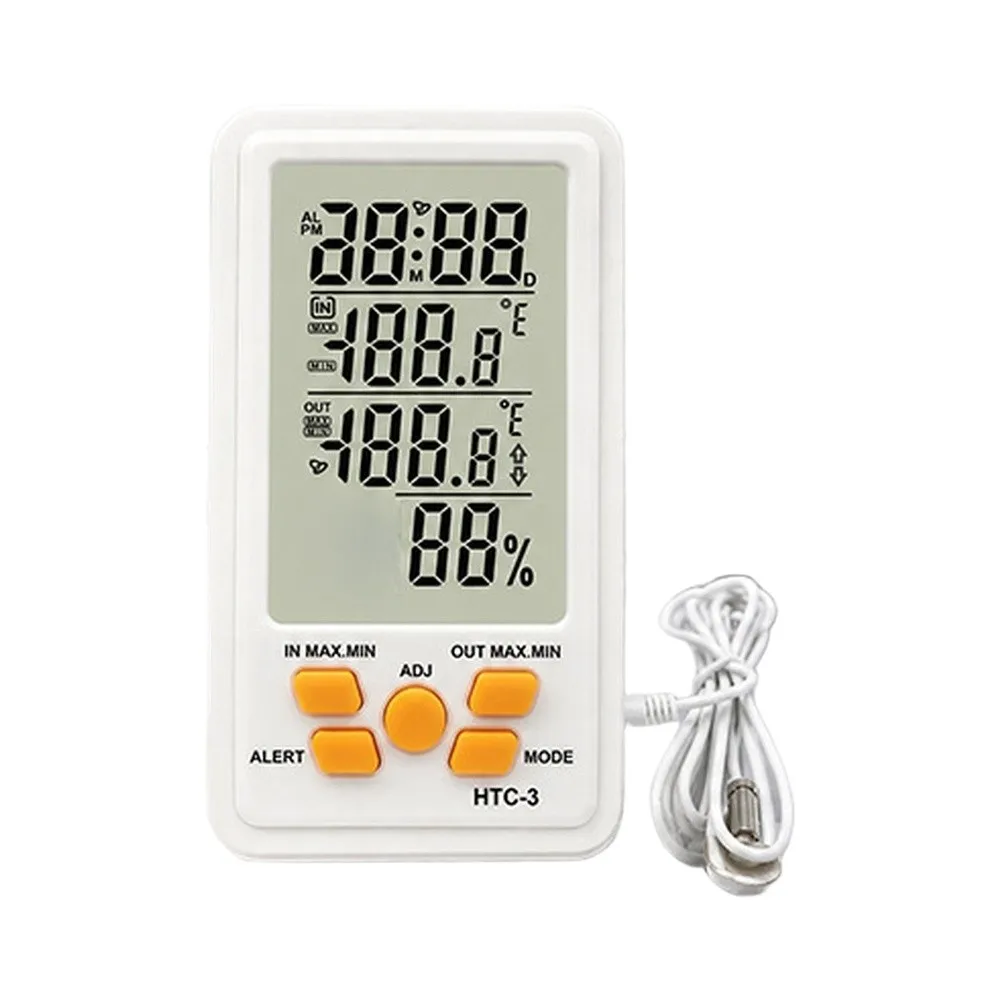 HTC-3 Digital Thermometer Hygrometer Large LCD Indoor Climate Monitor With External Probe Sensor Alarm Clock Memory