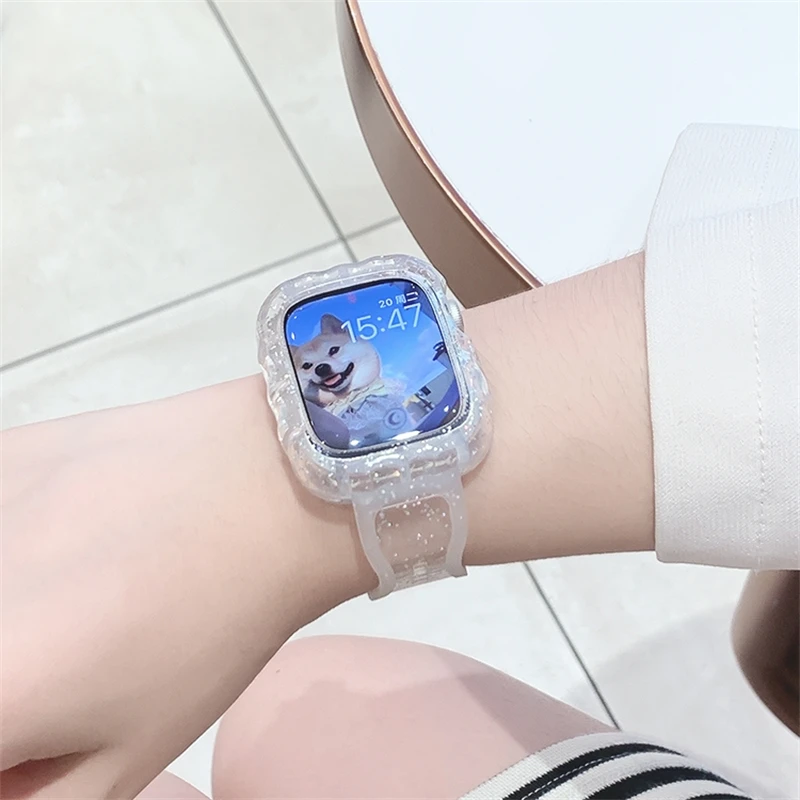 Clear Glitter Strap For Apple Watch Band 44mm 40 45 41 42 38mm Protective Case iWatch 8 Ultra 7 SE 3 5 6 Wave Silicone Bracelet