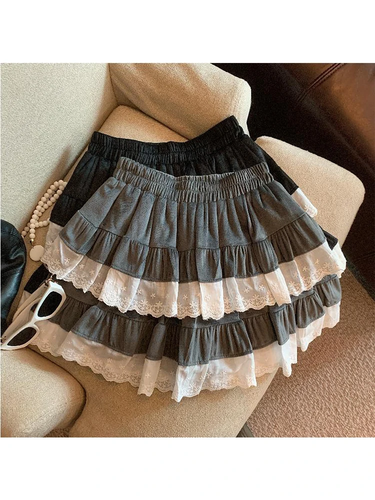 

Fall Winter Women Ballet Core Shoujo 2000s Aesthetic Old Money Mini Velvet Skirt Lace Patchwork Gyaru Coquette Y2k Korean Cute