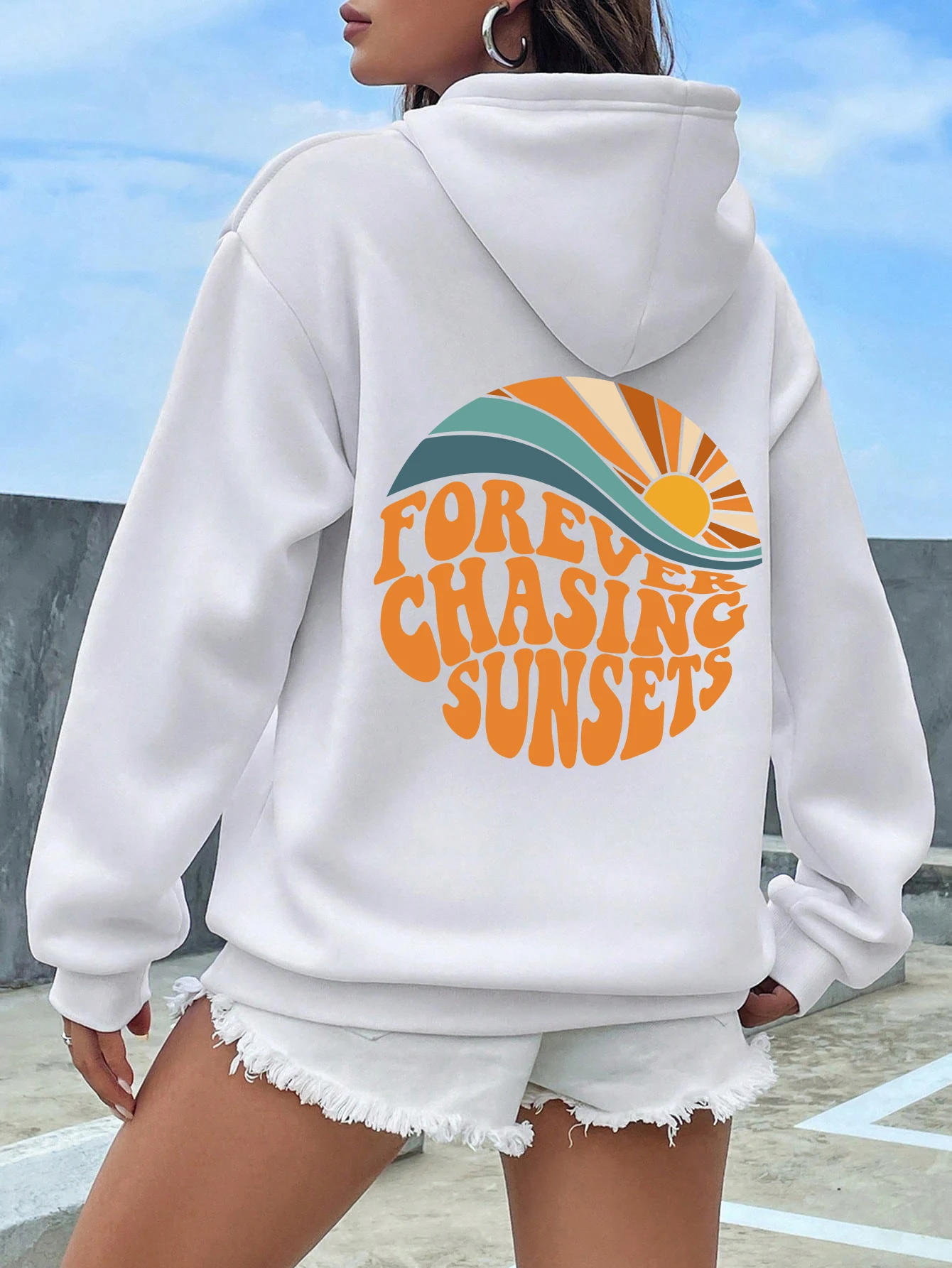 Forever Chasing Sunsets Pattern Printing Womens Hoodie Long Sleeves Pocket Sweatshirts Warm Pullover Fashion Casual Clothes