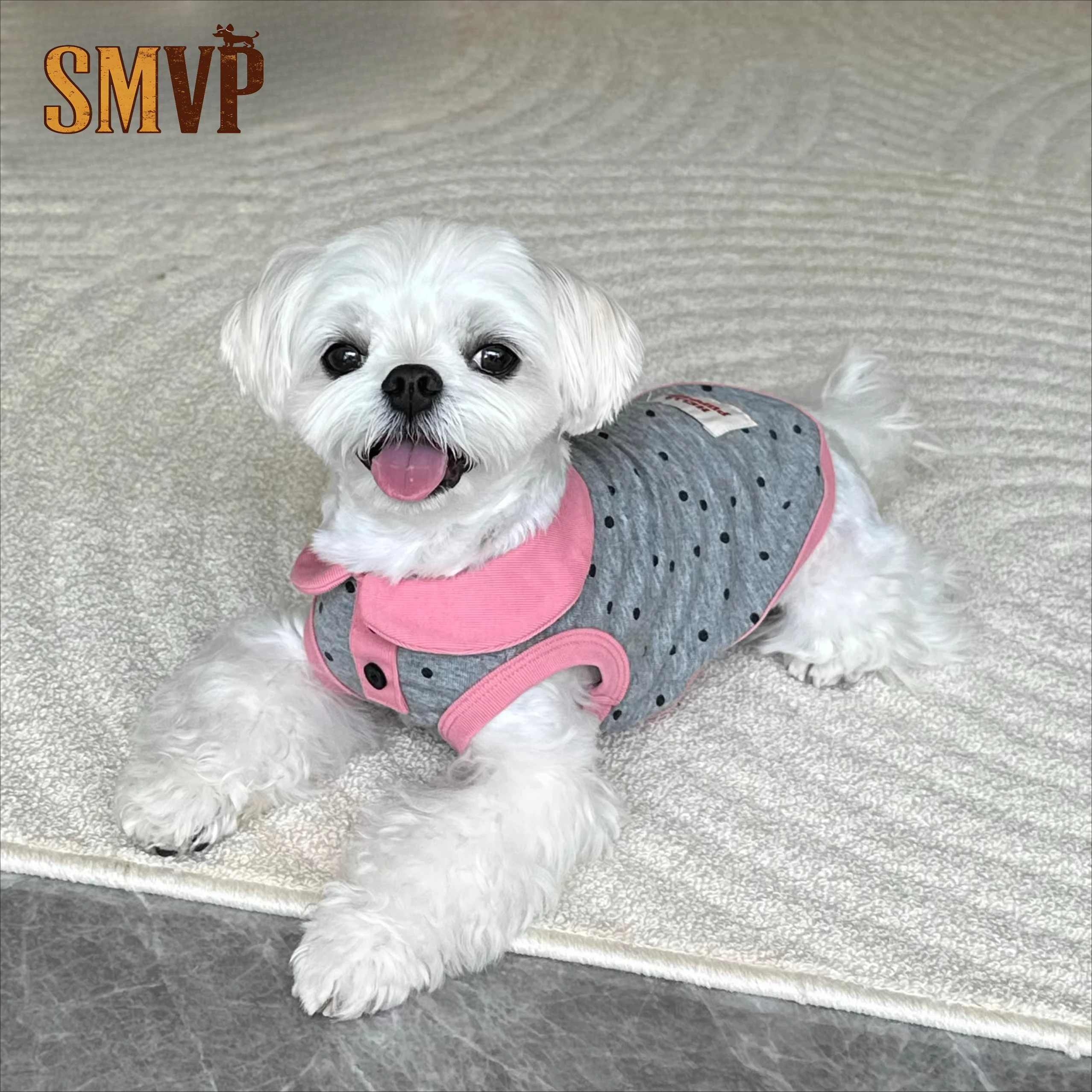 

Summer Soft High Elastic Gray Dot with Lapel Small Medium Pet Dog Polo Shirt Sweet Style Pet Clothes Dog Vest