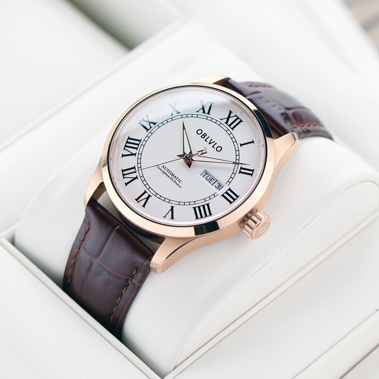 ساعة OBLVLO للرجال ميكانيكية أوتوماتيكية باللون الذهبي الوردي، أزياء كلاسيكية مع تقويم تاريخ اليوم وحزام جلدي الساق GC-SIM #2