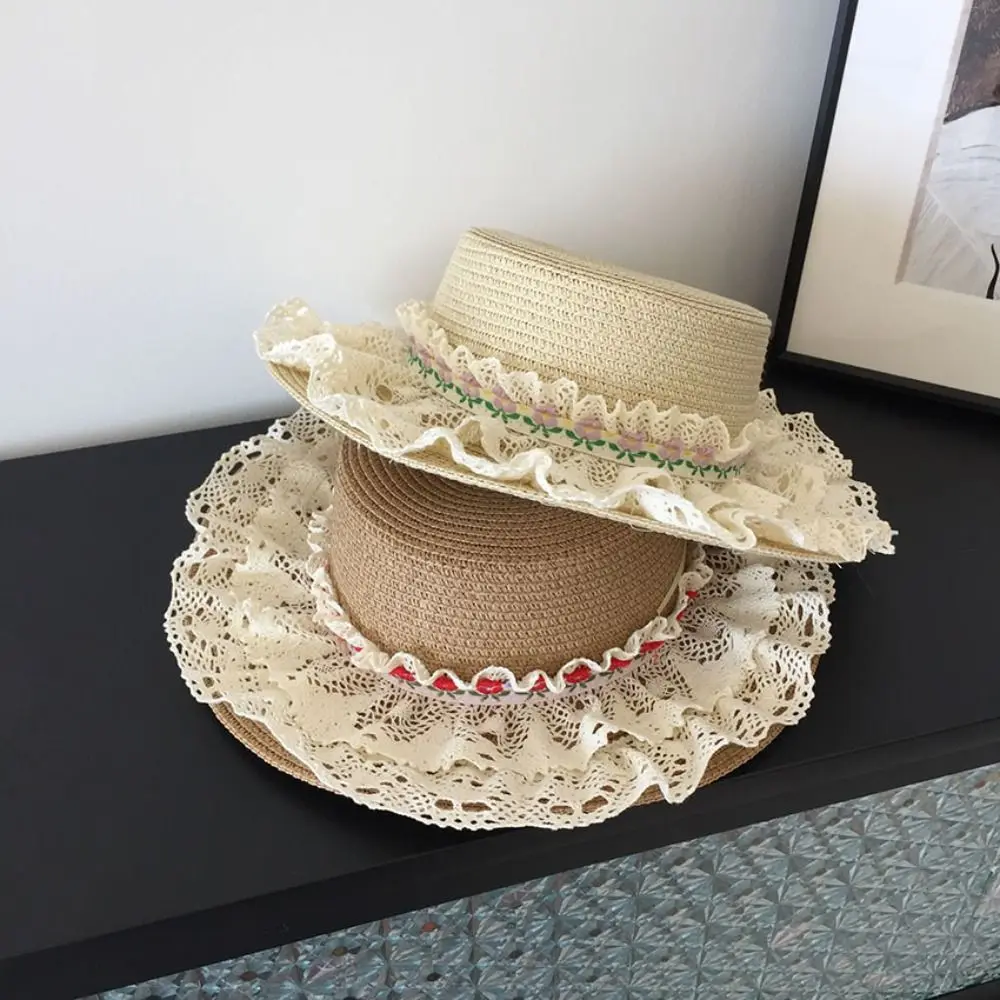 New Large Brim Girls Straw Hat with Lace Trim Sun Protection Bucket Caps Lolita Breathable Beach Hat for 3-6 Years
