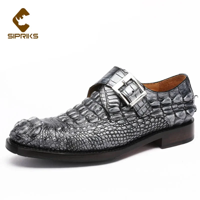 Sipriks Silver Gray Casual Shoes Men\'s Luxury Millionaire Crocodile Skin Monk Strap Handmade Goodyear Welted Wedding Gents Suits