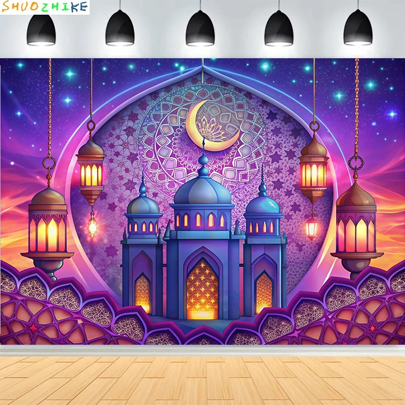 مسجد الخرسانة رمضان لامعة الذهبي الهلال القمر الفوانيس خلفية العربية الإسلامية قصر خلفيات للتصوير الفوتوغرافي ZS-01