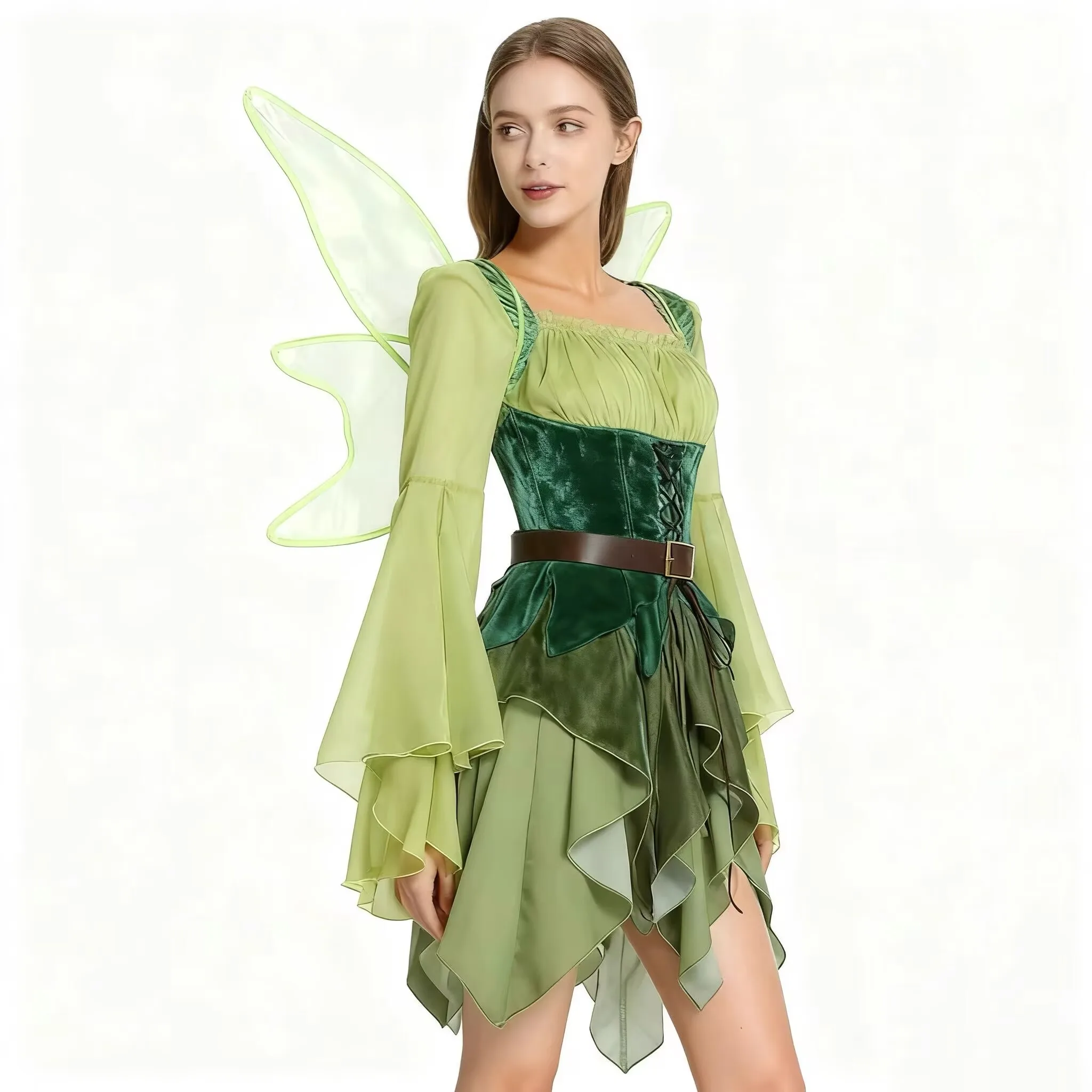 Vestido de Elfa Medieval Verde para Mujer, Vestido Mágico de Elfa con Cinturón y Alas, Disfraces de Cosplay de Halloween, Disfraz de Elfa para Juego de Roles