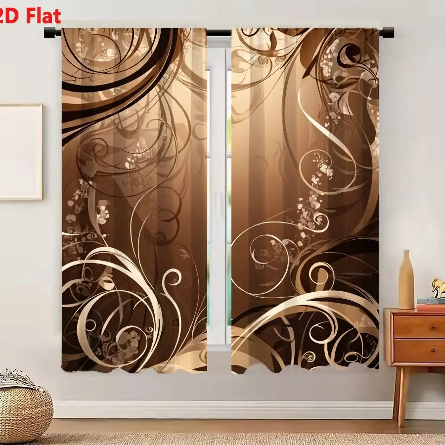 2Pcs Curtains 2D Flat Abstract Warm Monochromatic Background With Elegant Swirling Patterns And Delicate Floral Elements Window