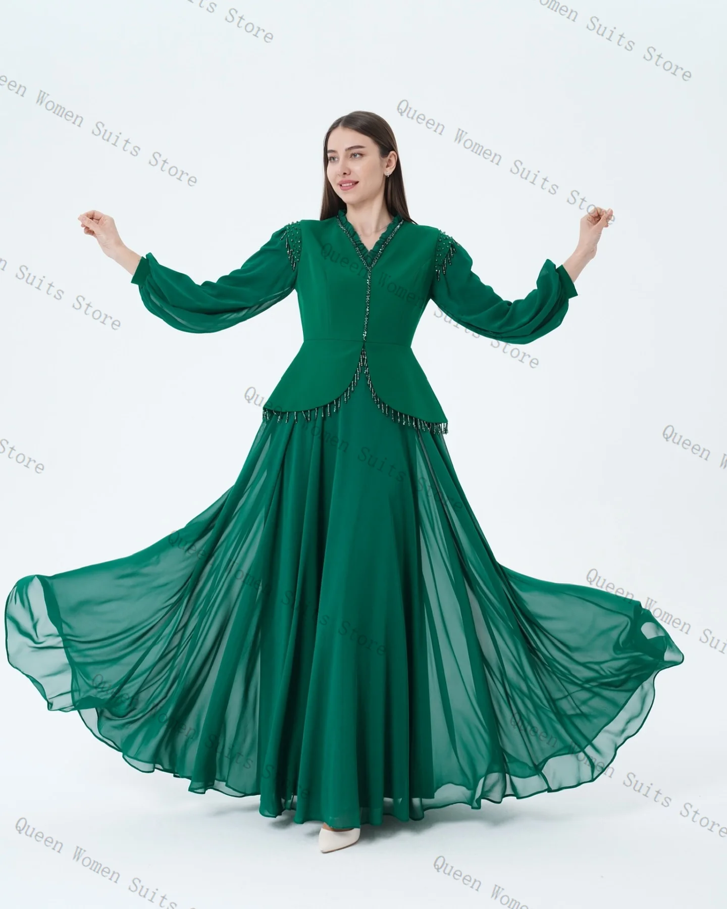 

Green Women Suit Skirt Set 2 Piece Crystals Blazer+Prom Dress Formal Office Lady Jacket Autumn Wedding Guest Coat Customized