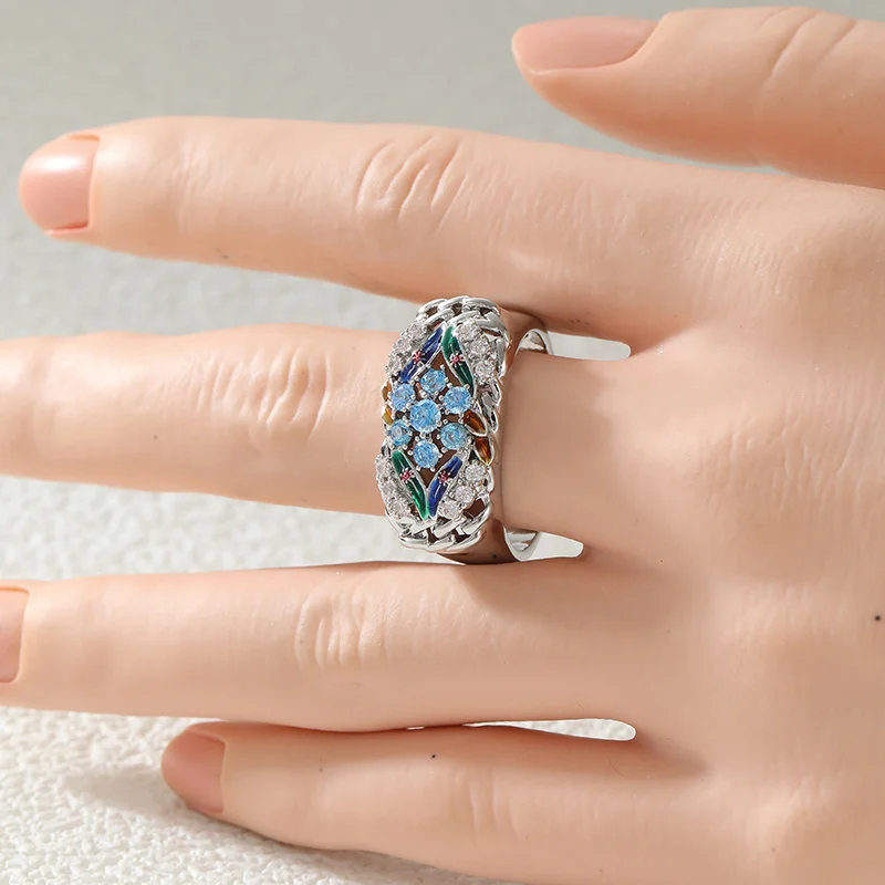 Woven Gorgeous Wide Face Ring Enamel Flower And Leaf Inlay Synthetic Zircon Ring Women's Luxurious Temperament Jewelry