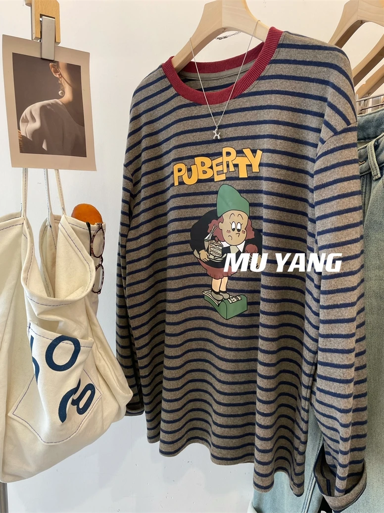 

Retro American Striped Thickened Long Sleeve T-Shirt Women's Autumn Winter Early Spring Slimming Trendy Top round Neck Korean...