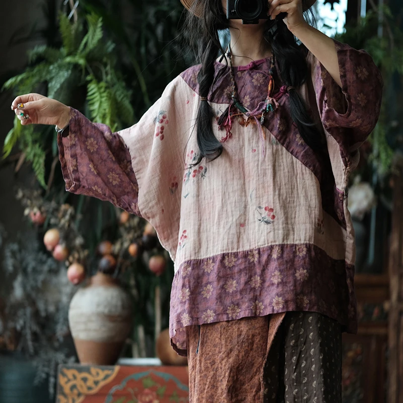 Chinese Style Women Cotton Casual Shirt New Arrival 2026 Summer Floral Print Loose Female Batwing Sleeve Tops Shirts M2765
