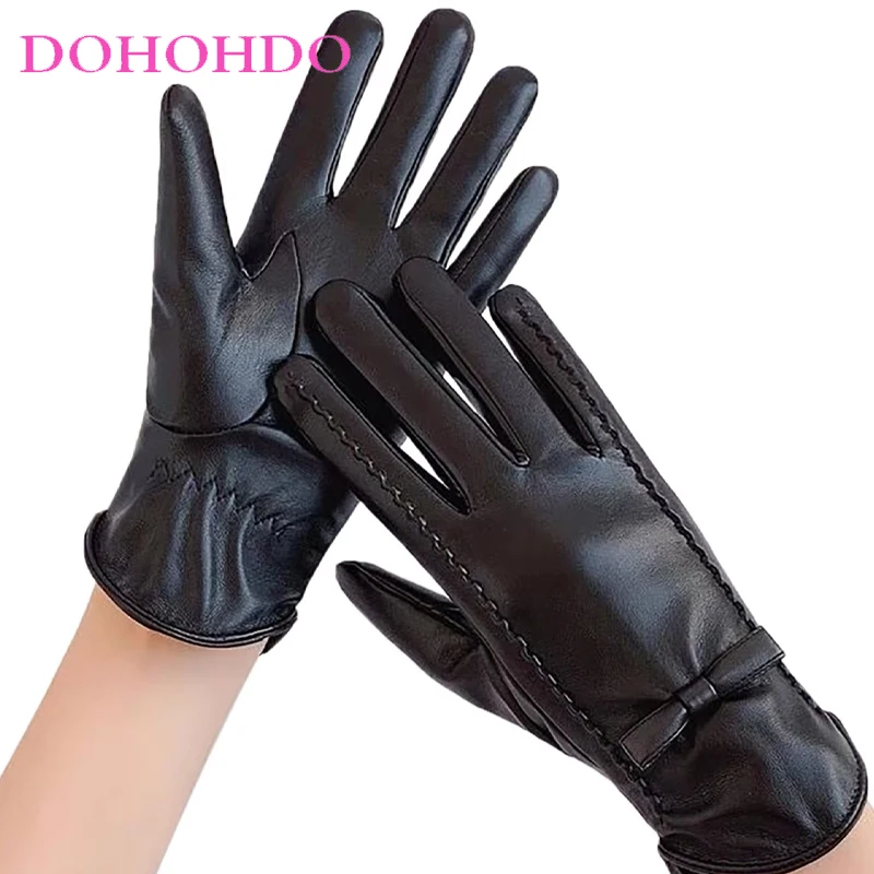 

2026 Fashion Ladies Autumn And Winter Touch-screen Leather Gloves Thick Warm Cycling Driving Black White Gloves Перчатки Женские