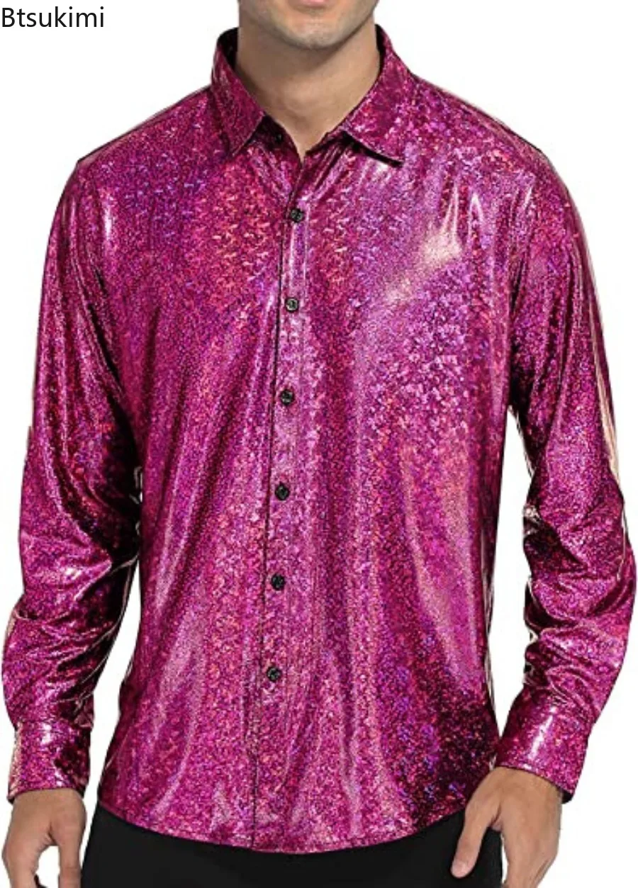 Vintage Sequin Glitter Shirts for Men Dress Shirts Long Sleeve Lapel Button-up Tops Men Cosplay Clothing Fashion Bright T-shirts