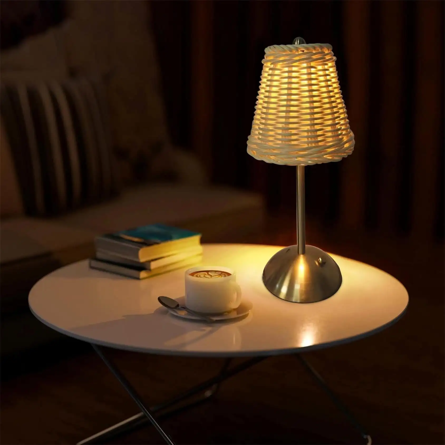 LED Rattan Desk Lamp 12X5 inch Rechargeable Table Lamp Wireless Bohemian Wicker Night Light for Hotel Bar Bedroom Decor Light
