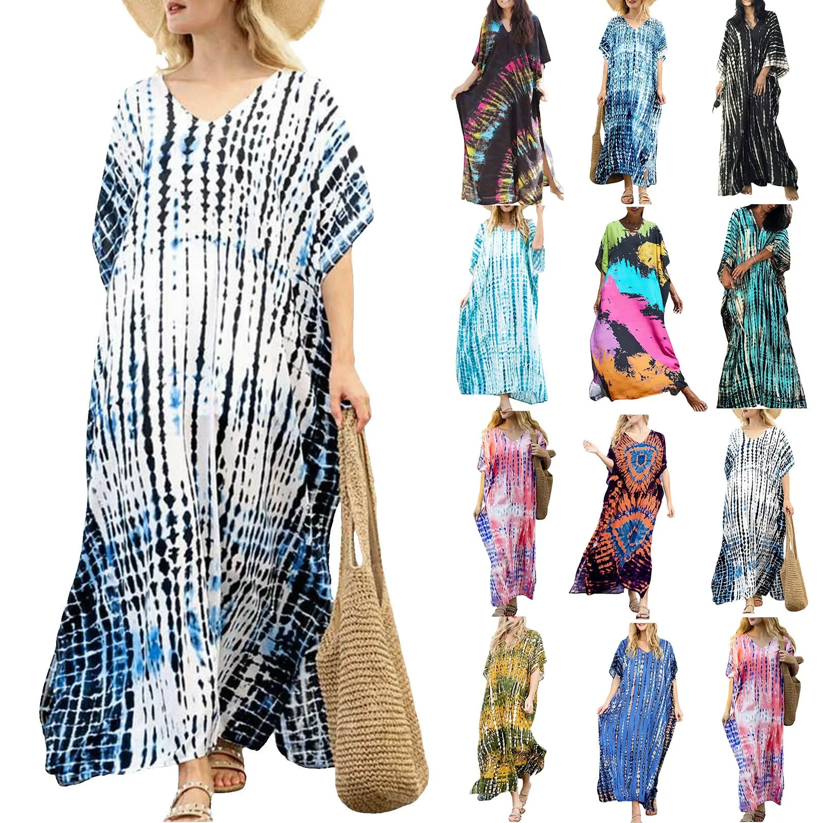 Womens Plus Size Kaftans Casual V Neck Puff Sleeve Boho Loose Floral Long Soft Beach Maxi Summer Swing Party Dresses For Women