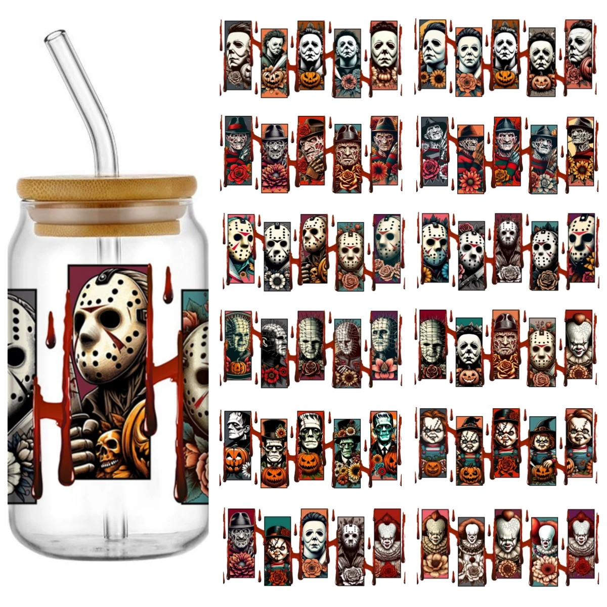 

Funko Halloween horror pattern For The 16oz Libbey Glasses Wraps Cup Can DIY Waterproof Easy To Use Custom Decals