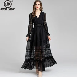 Women's Runway Dresses V Neck Long Lantern Sleeves Hollow Out Embroidery Patchwork Elegant Party Prom Gown