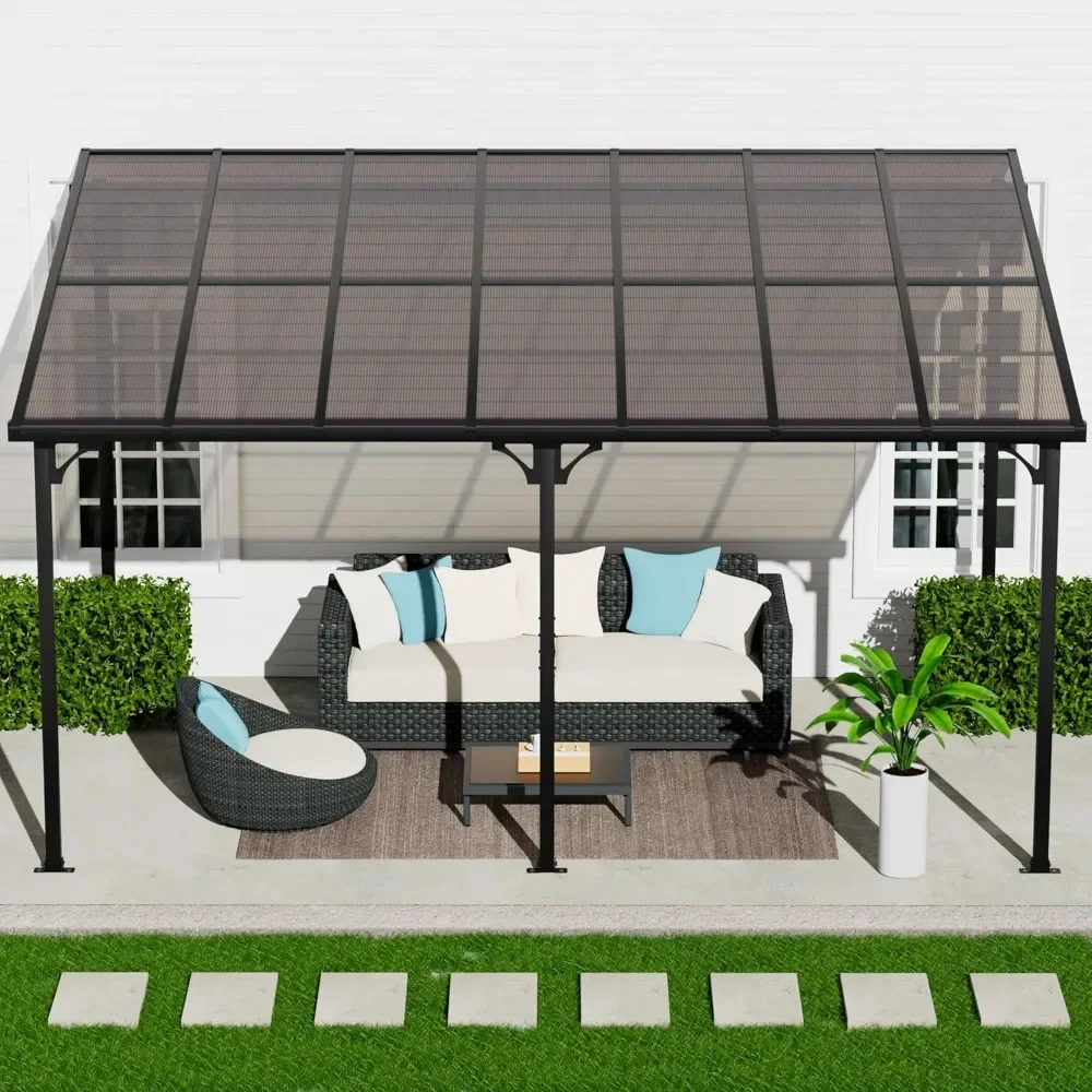 14' X 10' Wall Mounted Lean To Gazebo Pergola, Outdoor Hardtop Pergola with Roof, Large Heavy Duty Metal Awnings, Pergolas