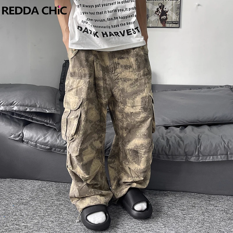 REDDACHiC Camouflage Print Cargo Pants Men Parachute Drawstring  Elastic Waist Big Pockets Casual Wide Pants Hip Hop Workwear