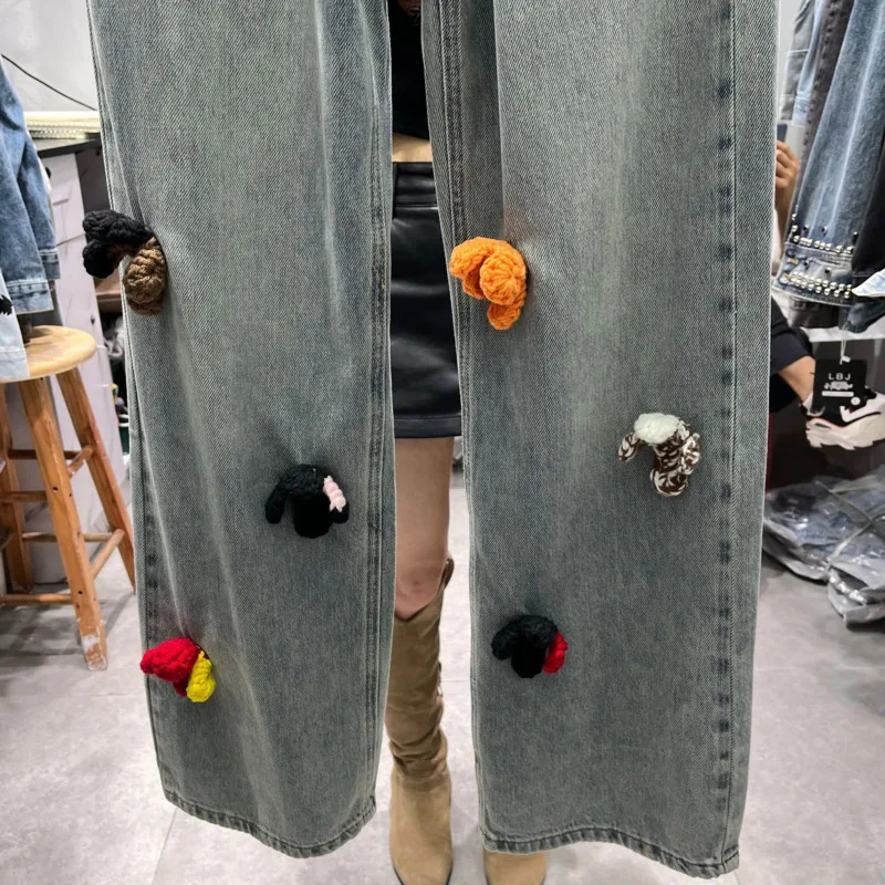 2024 Lente Nieuwe Lange Jeans Voor Vrouwen Losse Slank Ontwerp Modieuze Kleine Poppendecoratie Trendy Wijde Pijpen Broek