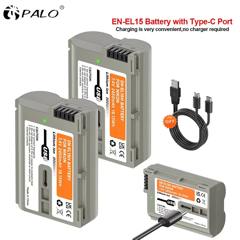 PALO 1-8pcs 2450mAh EN-EL15C EN-EL15 Type C Charging Battery for Nikon Z5,Z6,Z6 II,Z7,Z7II ,Z8,D600 D610 D600E D800 D810 D800E