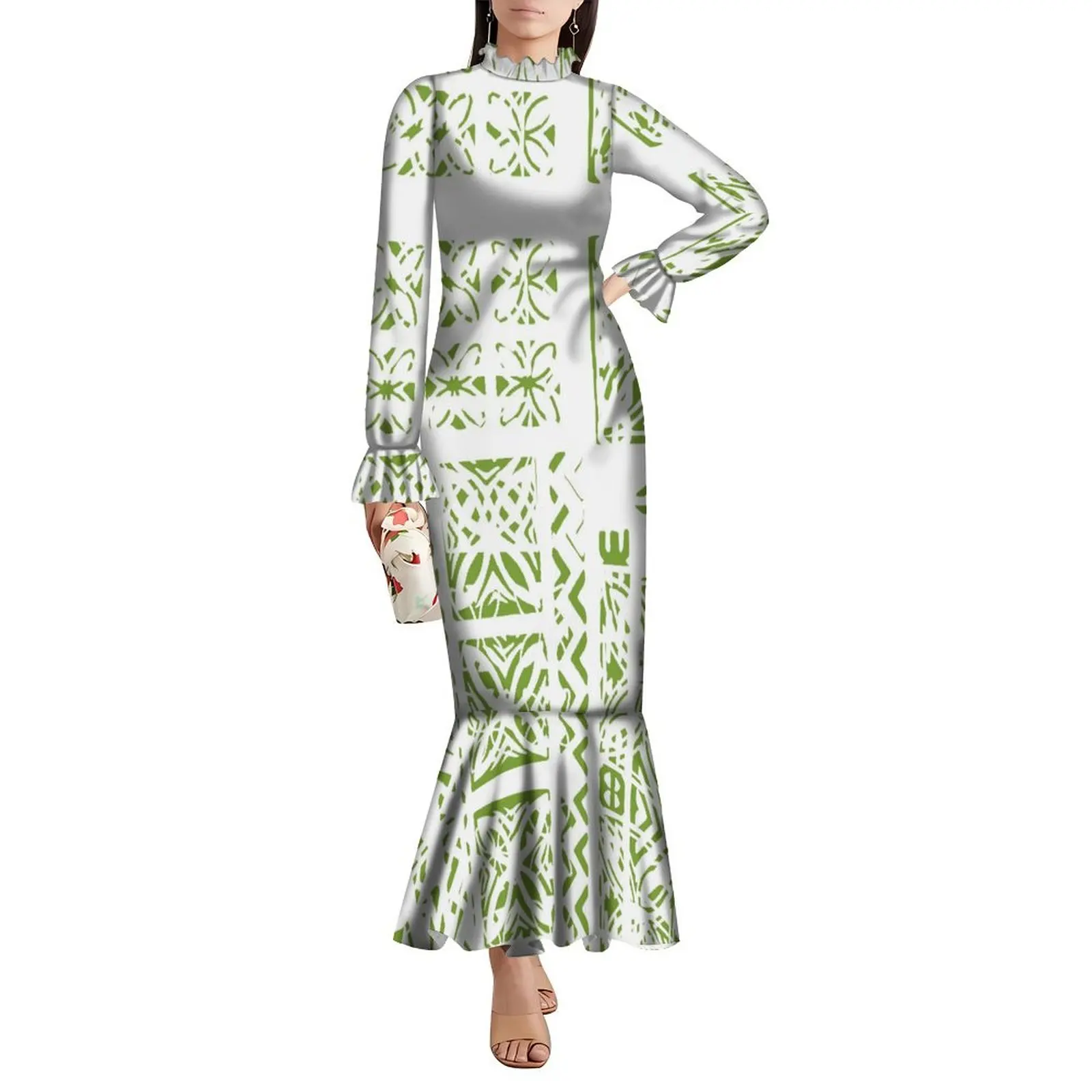 Traditionelles polynesisches Damen-Partykleid, individuelles Abendkleid, eleganter, langärmeliger Fischschwanzrock, plissierter Kragen