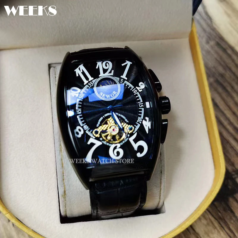 Luxury Automatic Mechanical Watch for Men Wrist Watch Tourbillon Skeleton Wrist Clock Tonneau Case Male Luminous Top Wristwatch