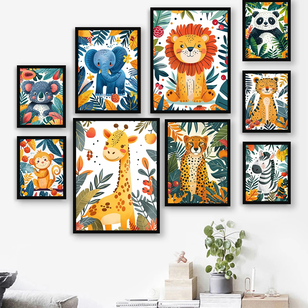 سفاري الحضانة غرفة الطفل ديكور الحيوان صور الفيل الباندا الزرافة النمر الرسم على لوحات القماش الجدارية غرفة اللعب طفل غرفة ديكور