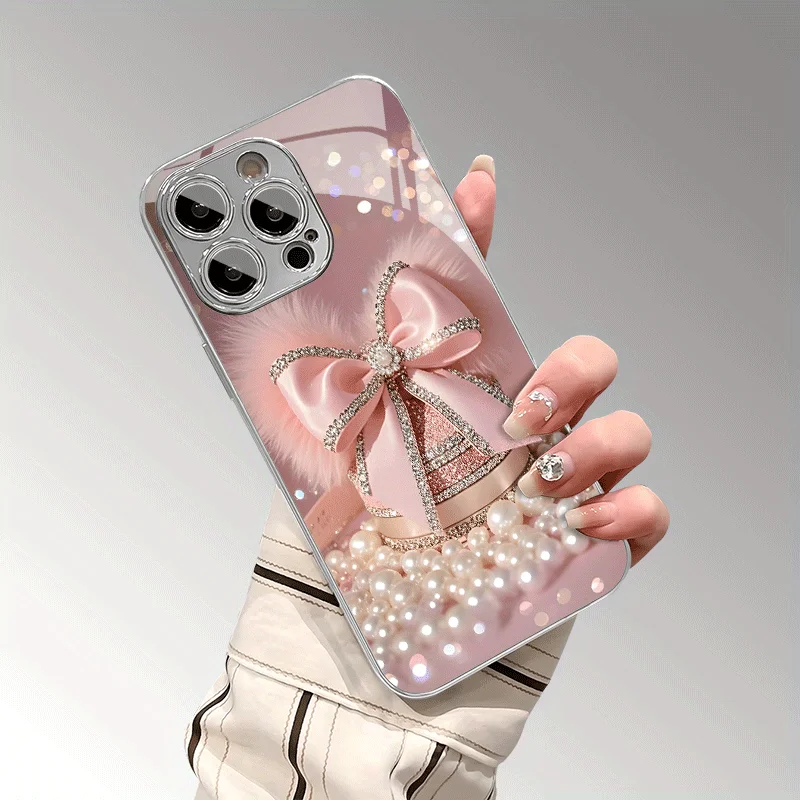 Sweet Pearl Bow Pattern Electroplated Glass Phone Case, suitable for iPhone 18, 17, 17pro, 16, 15, 14, 14plus, 13, 12, 11, etc.