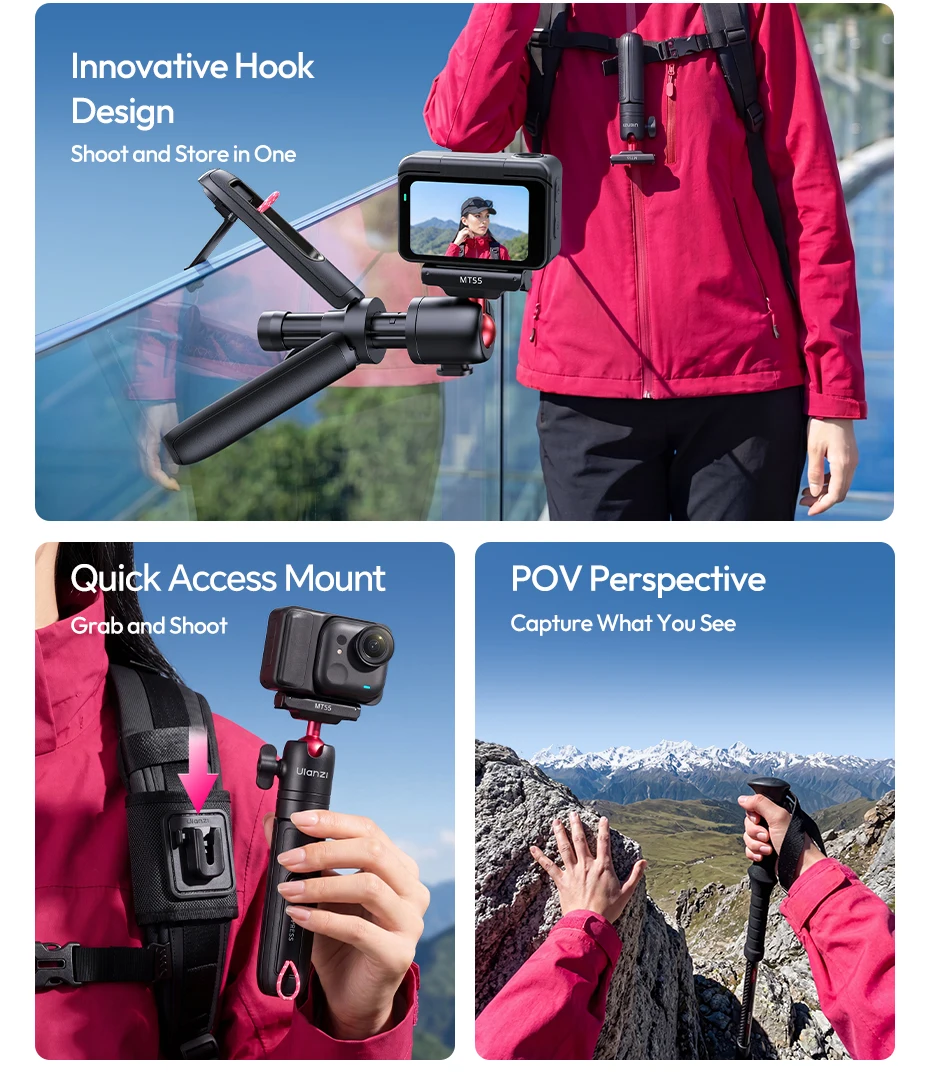 Ulanzi MT55 SnapGo Mini Selfie-Stick Stativ Overhead Mantis Rucksackhalterung für DJI Action6/Nano für Insta360 Go Ultra für Reisen – Detail 3