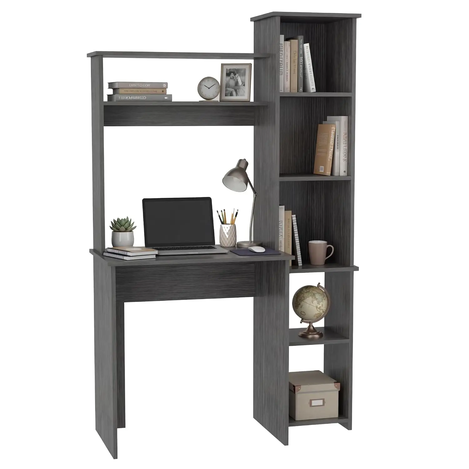 Writing Desk with Hutch Shelves & 5 Side Storage Compartments, Student Desk for Home Office, Smokey Oak, Customized