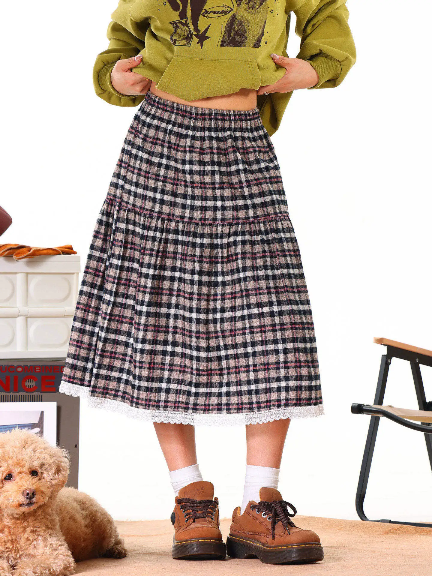 

Light Blue American Sle Plaid A-Line Skirt Women's Early Spring New Retro Lace Cake Skirt High Waist Cotton Lace