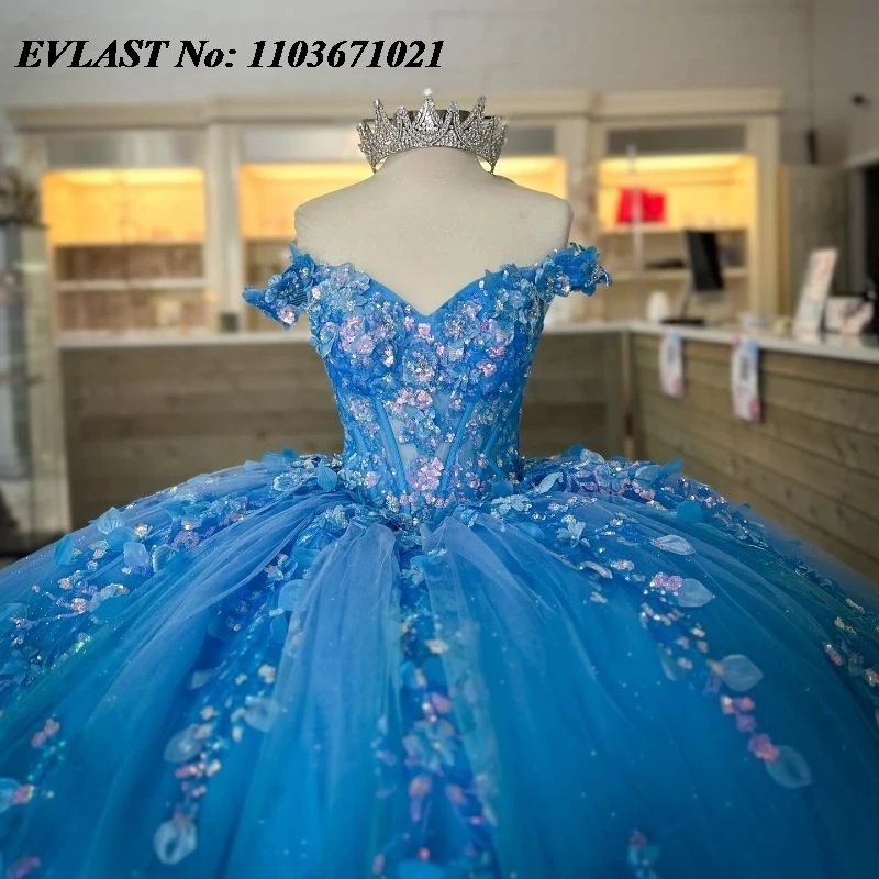 Evlast Glanzend Blauw Quinceanera Jurk Baljurk Kant Pailletten Met Kralen Kristal Korset Sweet 16 Vestidos De Xv 15 Anos Sq161