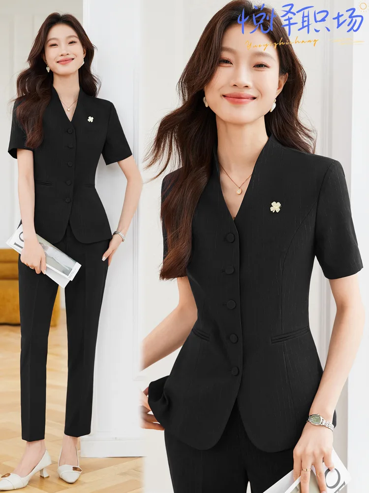 

Костюм с короткими рукавами и юбкой для женщин, летняя униформа для косметологов, элитная рабочая одежда для менеджеров салонов красоты, администраторов и ресепшн-операторов.