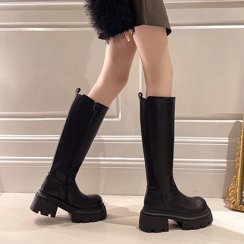 Winter Chunky Women Knee High Boots Fashion Platform Thick Heels Knight Long Booties Punk Style Ladies Shoes