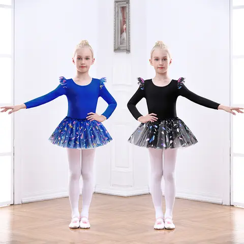 Girls Ballet Leotard with Tutu Skirt Long Sleeve Tutu Dress Kids Sparkly Cute Dance Tutu Skirt