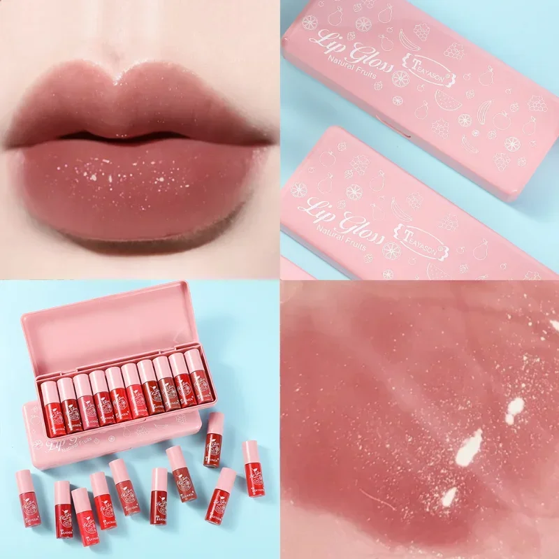 Mini tinte de labios, 10 colores, brillo de labios brillante, labios de gelatina de vidrio sexis con cuentas finas y brillantes, maquillaje de lápiz labial líquido de larga duración