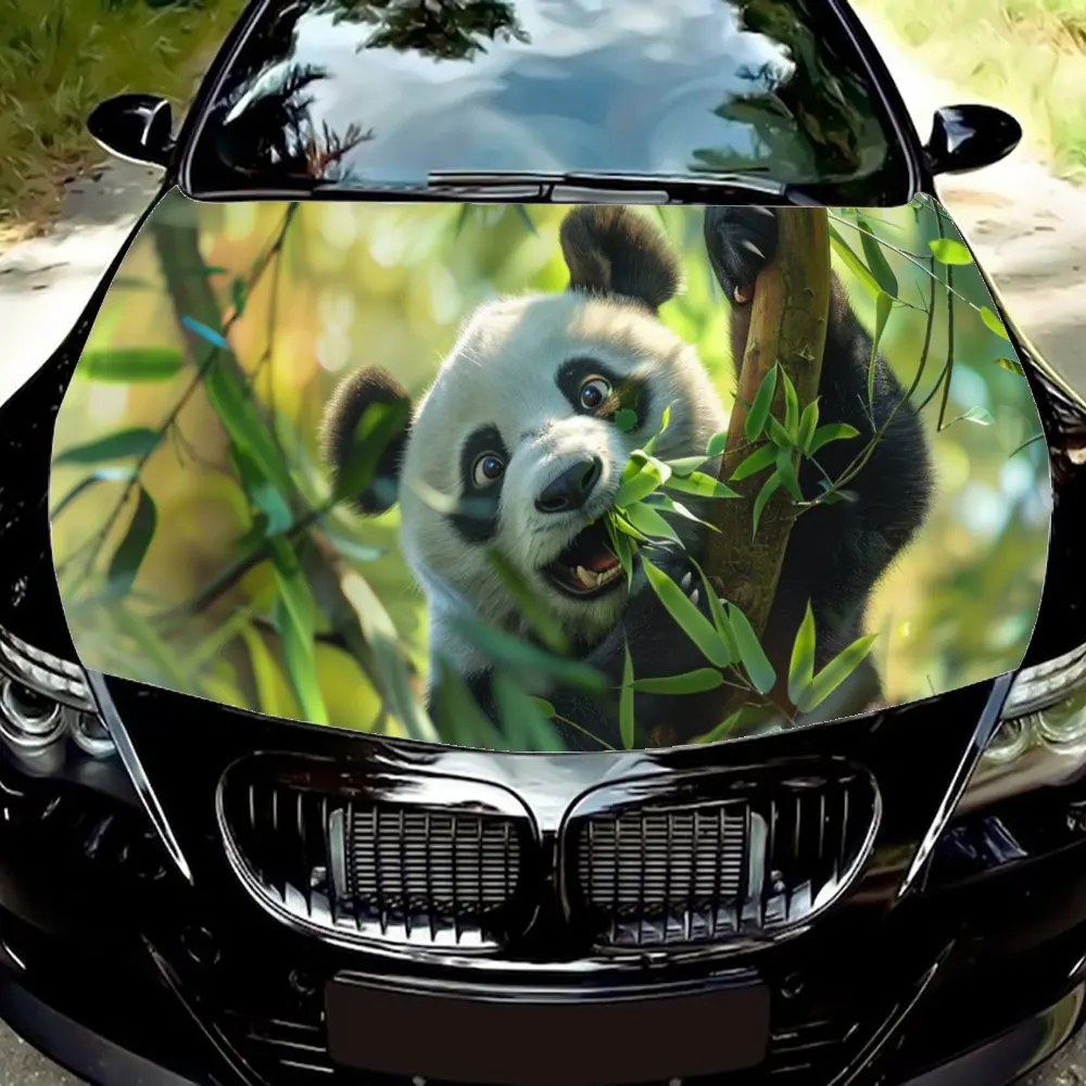 Cartoon Panda Climbing Bamboo Car Hood Wrap Color Vinyl Sticker Truck Graphic Bonnet DIY Auto Accessories Decoration Decal Gift