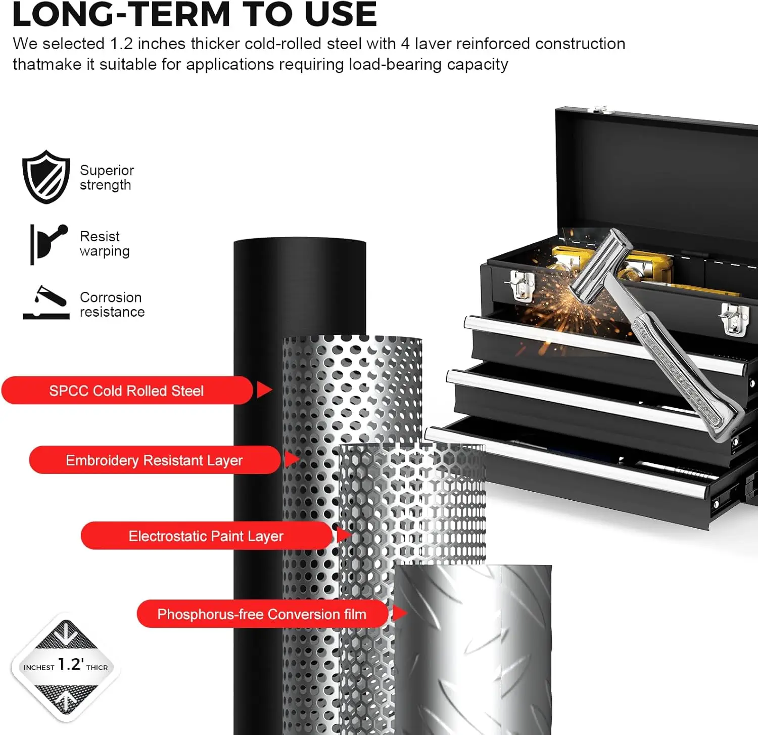 3-Drawer Heavy Duty Steel Tool Box with Ball Bearing Slides and Locking Mechanism, Portable Black Tool Chest