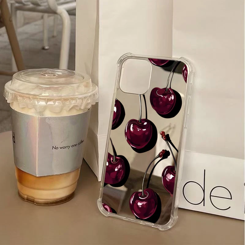 Cute Cherry Pattern Phone Case For Samsung Galaxy S25 S24 S23 S22 S21 Ultra Plus FE A06 A14 A23 A36 A52 A55 Make Up Mirror Cover - náhled 2
