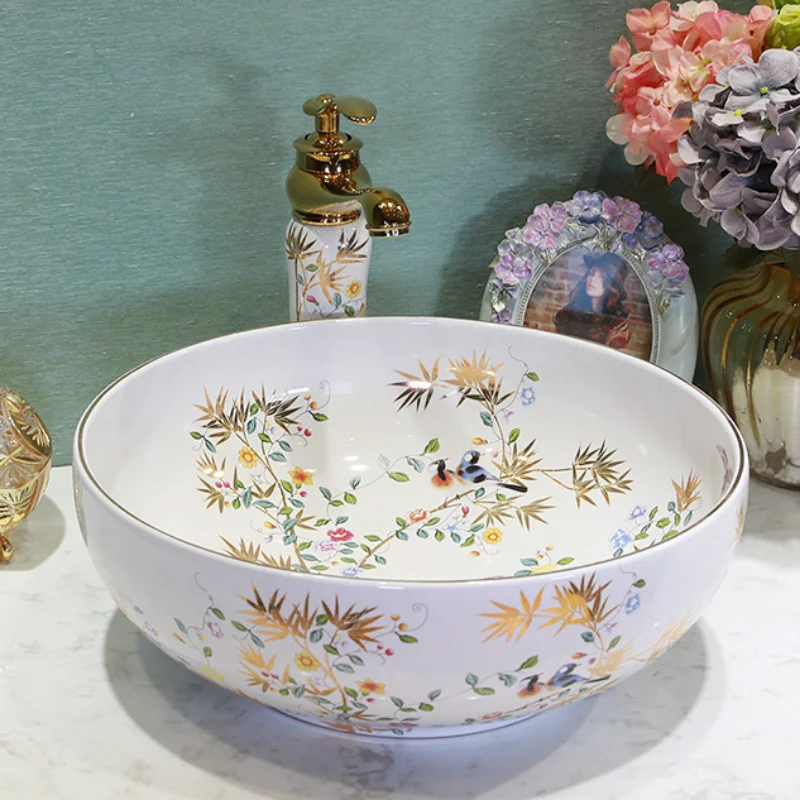 Art Ceramic Washbasin Bathroom Sink Lavatory Sink Ceramic Countertop Wash Basin Bathroom Vessel Sink Bowl for Vanity Top view 4