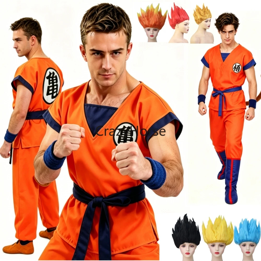 Disfraz de Cosplay de Son Goku para Adultos, Traje de Anime para Hombre y Mujer, Ropa de Entrenamiento de Krillin, Mono de Superhéroes Saiyan, Peluca para Juego de Roles