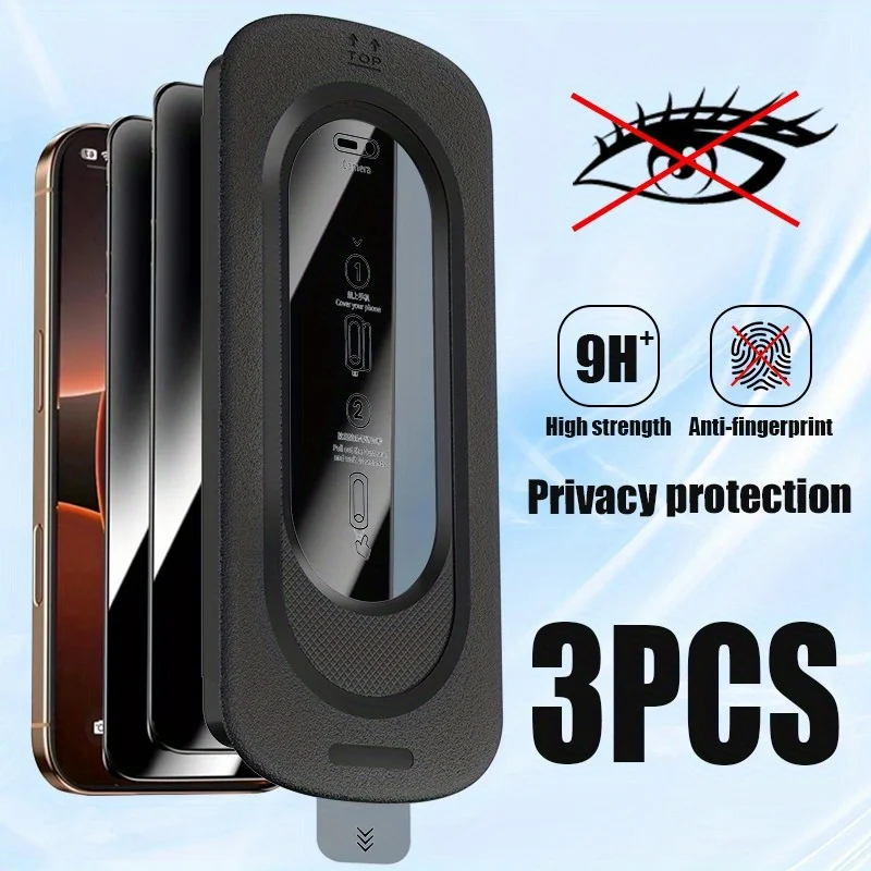 واقي شاشة مضاد للظهور لهاتف آيفون 16 13 12 14 15 Pro Max 3 قطعة زجاج مقسى خالٍ من الغبار مع غطاء تركيب محاذاة